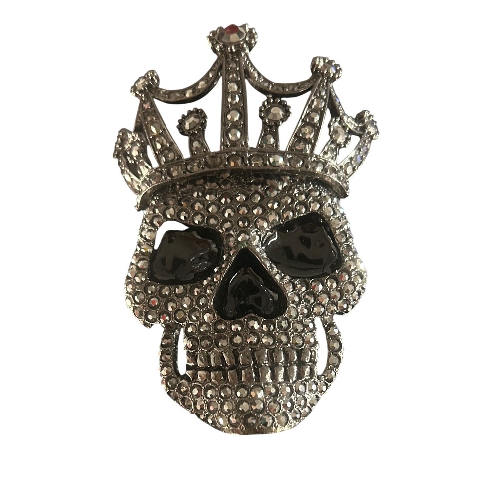 Crowned King Skull Belt Buckle Rhinestone Hematite Gunmetal Biker Gothic GG Logo